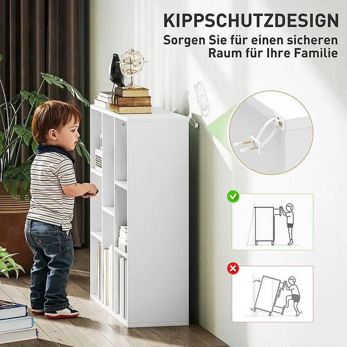 Homcom Holzregal - H x B x T: 80 x 24 x 24 cm, Traglast pro Boden: 8 kg, Anzahl Böden: 8 Stk., Schrauben, Weiß - Weißes Bücherregal mit Kippschutzdesign, in einem Zimmer mit Kind, betont Sicherheit.