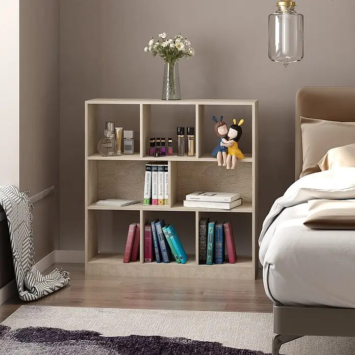 Homcom Holzregal - Traglast pro Boden: 16 kg, Anzahl Böden: 3 Stk., Schrauben, Eiche - Helles Holzregal mit offenen Fächern, im Schlafzimmer als Nachttisch für Bücher und Deko genutzt.
