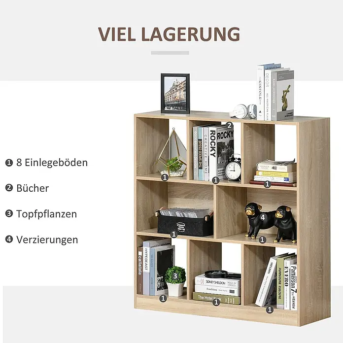 Homcom Holzregal - Traglast pro Boden: 16 kg, Anzahl Böden: 3 Stk., Schrauben, Eiche - Hellbraunes Bücherregal mit Holzoptik und 8 Ablagefächern, ideal für Bücher und Dekoration.