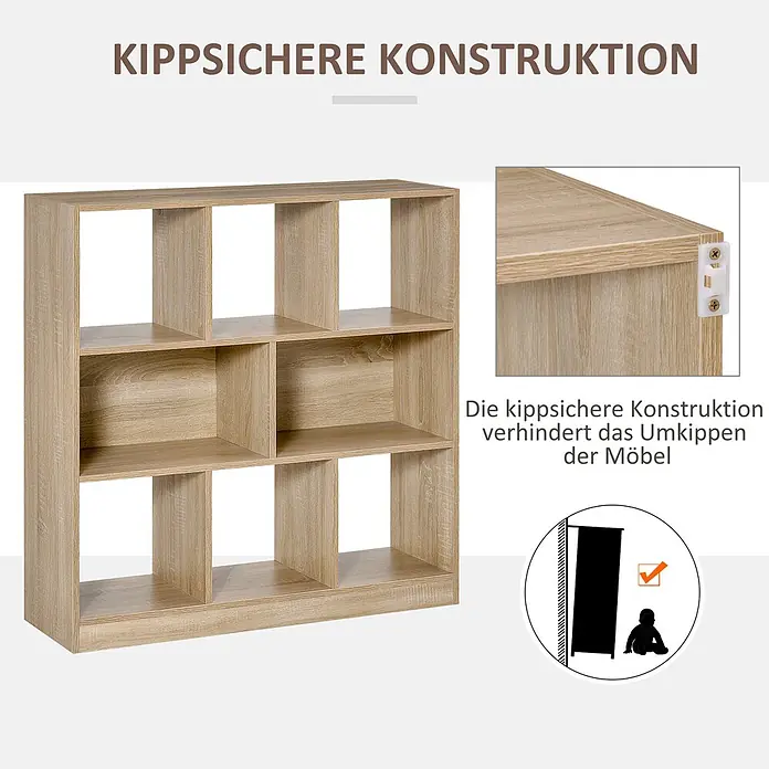 Homcom Holzregal - Traglast pro Boden: 16 kg, Anzahl Böden: 3 Stk., Schrauben, Eiche - Würfelregal in heller Holzoptik mit Kippschutzmechanismus für Kindersicherheit.