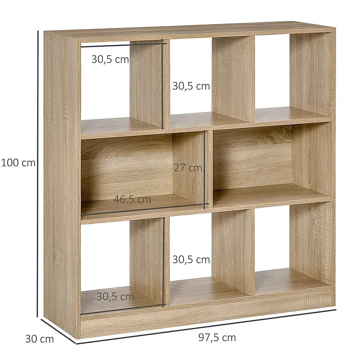 Homcom Holzregal - Traglast pro Boden: 16 kg, Anzahl Böden: 3 Stk., Schrauben, Eiche - Hellbraunes Bücherregal mit mehreren Fächern und offenen Regalen, inklusive Maße.