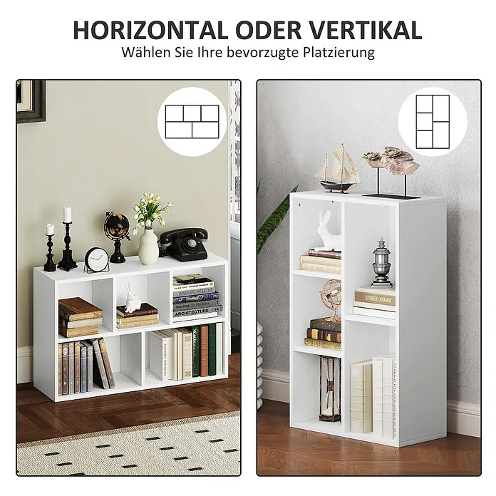 Homcom Holzregal - H x B x T: 80 x 24 x 24 cm, Traglast pro Boden: 8 kg, Anzahl Böden: 5 Stk., Schrauben, Weiß - Weißes modulares Bücherregal, horizontal und vertikal dargestellt, mit Büchern und Dekoration gefüllt.