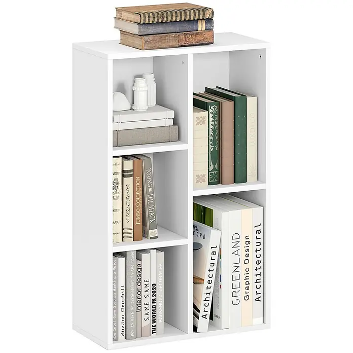 Homcom Holzregal - H x B x T: 80 x 24 x 24 cm, Traglast pro Boden: 8 kg, Anzahl Böden: 5 Stk., Schrauben, Weiß - Weißes Regal mit sechs Fächern, gefüllt mit Büchern und Dekorationsartikeln.