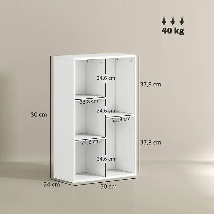 Homcom Holzregal - H x B x T: 80 x 24 x 24 cm, Traglast pro Boden: 8 kg, Anzahl Böden: 5 Stk., Schrauben, Weiß - Weißes modulares Regal, 80x50x24 cm, mit einer maximalen Tragfähigkeit von 40 kg.