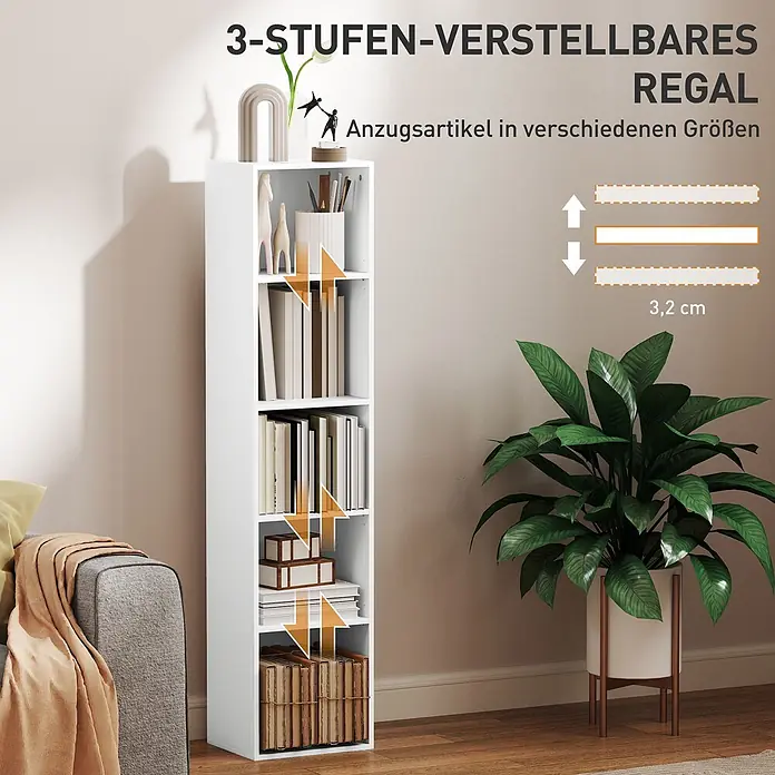 Homcom Holzregal - Traglast pro Boden: 8 kg, Anzahl Böden: 5 Stk., Schrauben, Weiß - Weißes, verstellbares Regal im Wohnzimmer, mit Büchern und Deko. Regalböden in 3,2 cm Schritten verstellbar.
