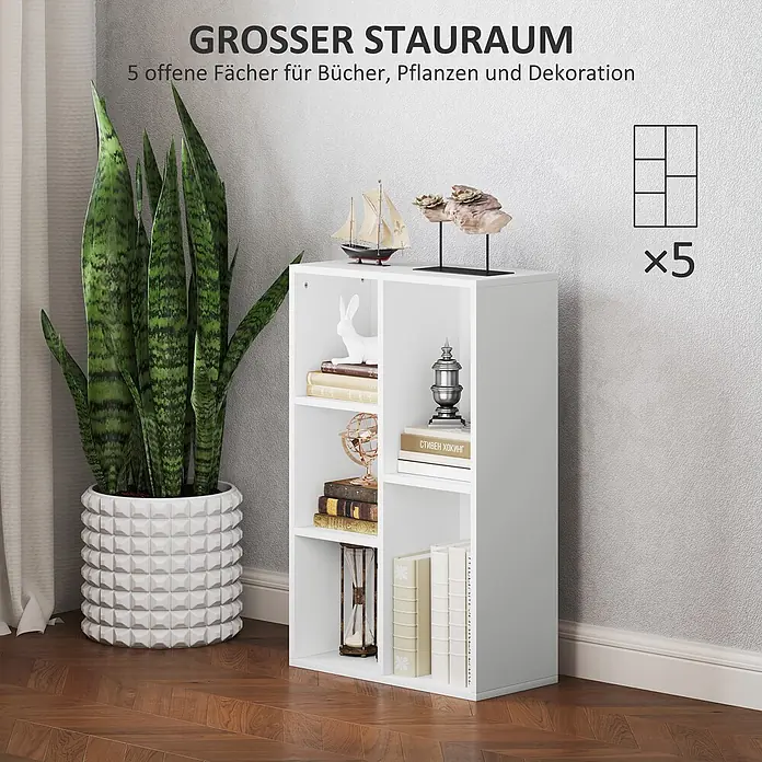 Homcom Holzregal - H x B x T: 80 x 24 x 24 cm, Traglast pro Boden: 8 kg, Anzahl Böden: 5 Stk., Schrauben, Weiß - Weißes Regal mit 5 offenen Fächern für Bücher und Dekoration, neben einer Pflanze.