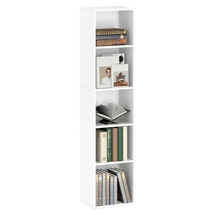 Homcom Holzregal - Traglast pro Boden: 8 kg, Anzahl Böden: 5 Stk., Schrauben, Weiß - Weißes Bücherregal mit fünf offenen Fächern, gefüllt mit verschiedenen Büchern und Fotorahmen.
