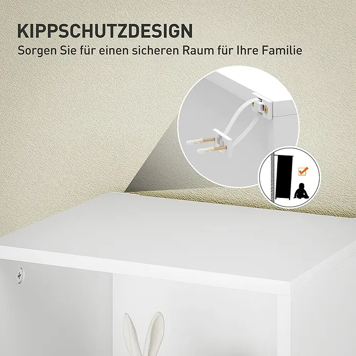 Homcom Holzregal - Traglast pro Boden: 8 kg, Anzahl Böden: 5 Stk., Schrauben, Weiß - Weißes Möbelstück mit Kippschutzdesign, das einen Wandanker zur Kindersicherung zeigt.