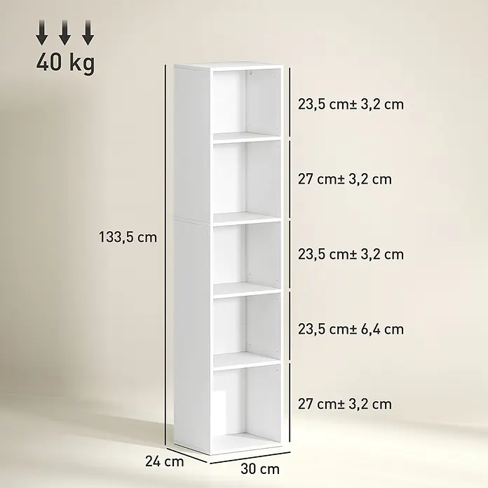 Homcom Holzregal - Traglast pro Boden: 8 kg, Anzahl Böden: 5 Stk., Schrauben, Weiß - Weißes 6-stöckiges Bücherregal, 133,5 cm hoch, 30 cm breit, 24 cm tief, mit einer max. Tragfähigkeit von 40 kg.
