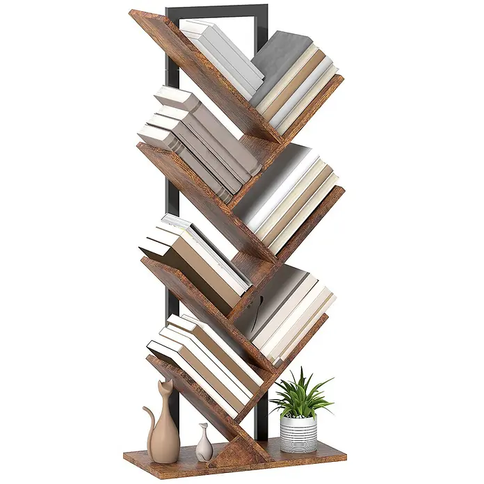 Homcom Holzregal - H x B x T: 109 x 24 x 24 cm, Traglast pro Boden: 3 kg, Anzahl Böden: 7 Stk., Schrauben, Rustikal-Braun - Baumförmiges Bücherregal mit dunklen Holzregalen und schwarzem Metallrahmen, gefüllt mit Büchern, einer Katzenfigur, einer Vase und einer Topfpflanze.