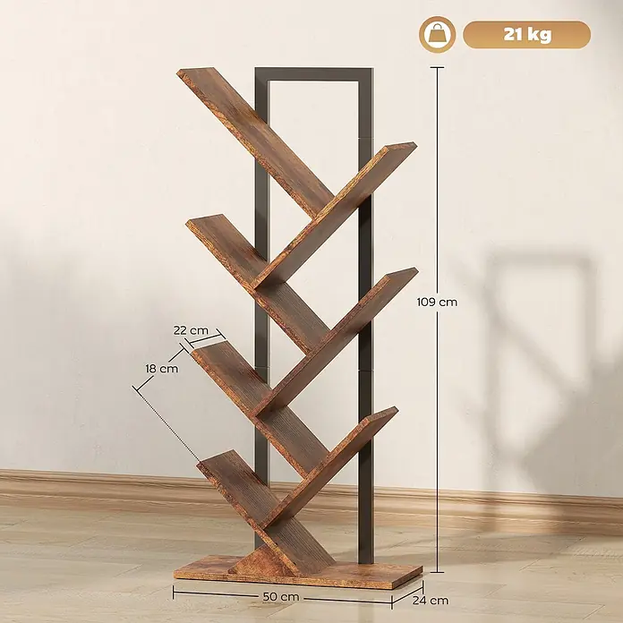 Homcom Holzregal - H x B x T: 109 x 24 x 24 cm, Traglast pro Boden: 3 kg, Anzahl Böden: 7 Stk., Schrauben, Rustikal-Braun - Moderne Baumbücherregal, dunkelbraune Holzmaserung, schwarzer Metallrahmen. Maße: 109x50x24cm, 21kg.