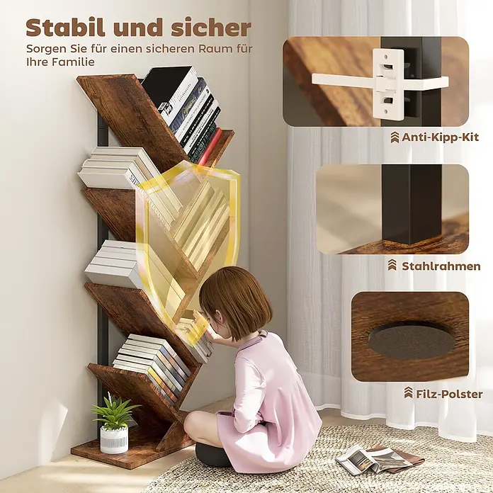 Homcom Holzregal - H x B x T: 109 x 24 x 24 cm, Traglast pro Boden: 3 kg, Anzahl Böden: 7 Stk., Schrauben, Rustikal-Braun - Rustikales Baumregal aus dunklem Holz mit schwarzem Stahlrahmen, ausgestattet mit Anti-Kipp-Kit und Filzpolstern für Standsicherheit, ideal für Familien.