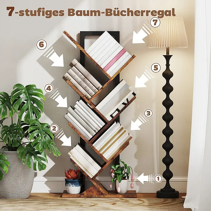 Homcom Holzregal - H x B x T: 109 x 24 x 24 cm, Traglast pro Boden: 3 kg, Anzahl Böden: 7 Stk., Schrauben, Rustikal-Braun - Ein 7-stufiges baumförmiges Bücherregal mit Regalböden in Used-Holzoptik und schwarzem Rahmen, gefüllt mit Büchern.