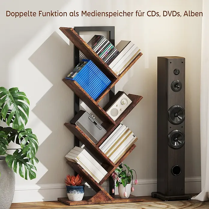 Homcom Holzregal - H x B x T: 109 x 24 x 24 cm, Traglast pro Boden: 3 kg, Anzahl Böden: 7 Stk., Schrauben, Rustikal-Braun - Rustikales braunes, baumförmiges Medienregal für CDs, DVDs und Bücher in Wohnräumen.