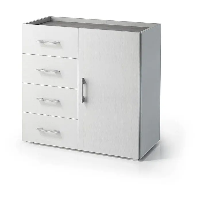 Kiamami Valentina Kommode - L x B x H: 90 x 41 x 87 cm, Weiß - Weißer Schrank mit vier Schubladen und einer Tür, silbernen Griffen und grauer Oberplatte.