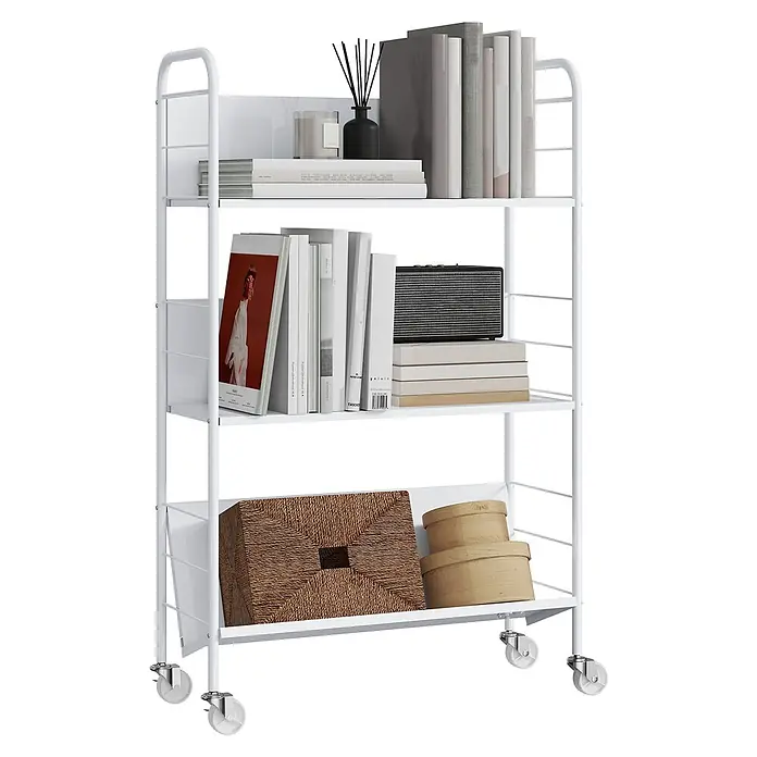 Homcom Holzregal - Traglast pro Boden: 5 kg, Anzahl Böden: 3 Stk., Schrauben, Weiß - Weißer Metallrollwagen mit vier Ablagen für Bücher, Lautsprecher und Körbe.