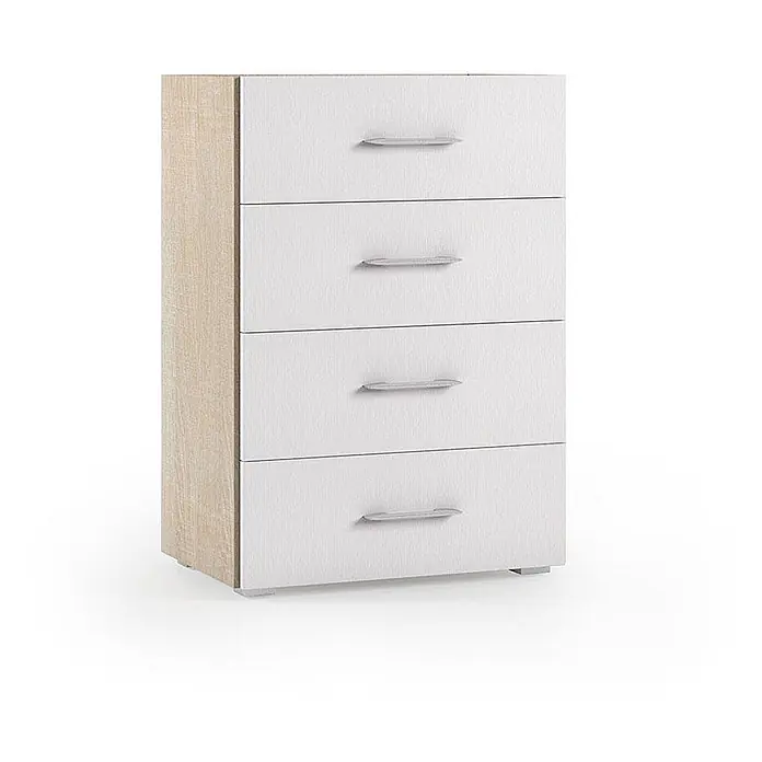 Kiamami Valentina Kommode - L x B x H: 600 x 410 x 870 cm, Weiß - Kommode mit vier Schubladen, heller Holzoptik-Seite und weißen Fronten mit silbernen Griffen.