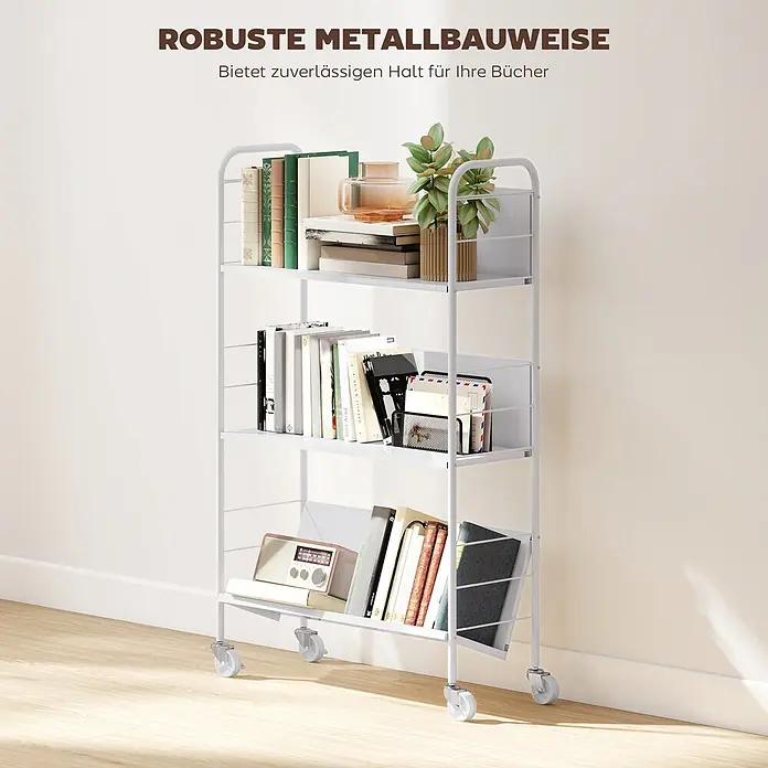Homcom Holzregal - Traglast pro Boden: 5 kg, Anzahl Böden: 3 Stk., Schrauben, Weiß - Weißes, vierstufiges Metall-Rollregal auf Rollen, mit Büchern und Dekorationsobjekten bestückt.