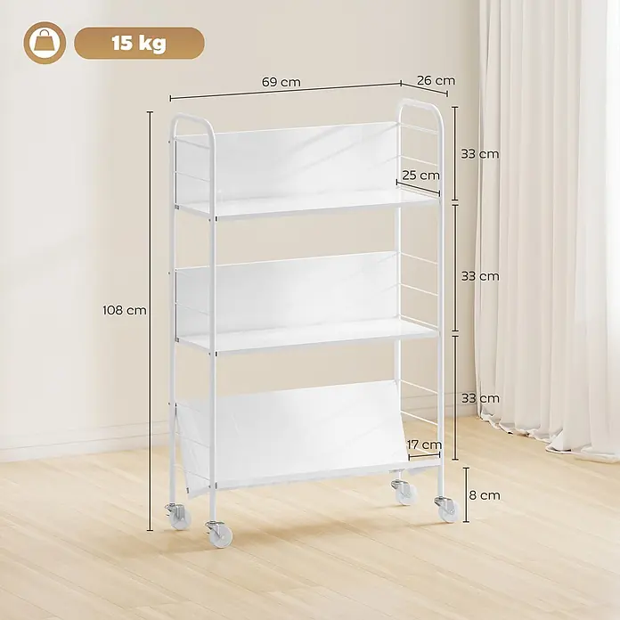 Homcom Holzregal - Traglast pro Boden: 5 kg, Anzahl Böden: 3 Stk., Schrauben, Weiß - Weißes, mobiles 4-stöckiges Regal auf Rollen, Maße 108x69x26 cm, 15 kg Tragfähigkeit.