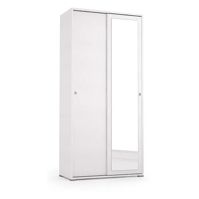 Kiamami Valentina Holz-Mehrzweckschrank - 900 x 470 x 1.950 cm, Weiß - Weißer Kleiderschrank mit zwei Schiebetüren, eine davon mit Spiegel, Holzstruktur.