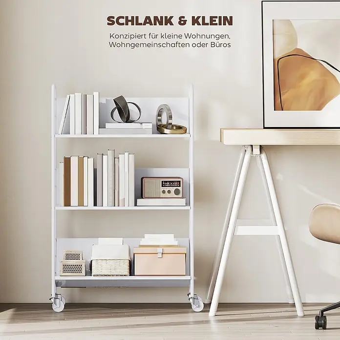 Homcom Holzregal - Traglast pro Boden: 5 kg, Anzahl Böden: 3 Stk., Schrauben, Weiß - Weißes, rollbares Metallregal mit 5 Fächern, für Bücher und Deko, ideal für kleine Räume und kompakten Stauraum.