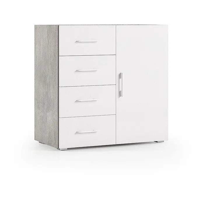Kiamami Valentina Kommode - L x B x H: 900 x 410 x 870 cm, Weiß - Weißer Schrank mit vier Schubladen und einer Tür, mit grauer Betonoptik-Seitenwand und -Oberplatte. Weiße Griffe.