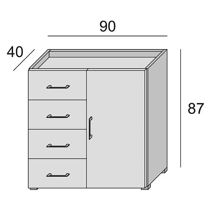 Kiamami Valentina Kommode - L x B x H: 90 x 41 x 87 cm, Weiß - Hellgrauer Schrank mit vier Schubladen links und einer Tür rechts.