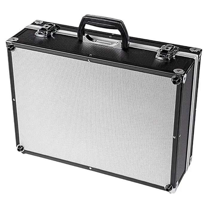 Wisent Maletín para herramientas Black-Line - L x An x Al: 45 x 33 x 15 cm, No incluye herramientas - Un maletín plateado con asa negra y esquinas metálicas, ideal para transportar documentos importantes con seguridad.