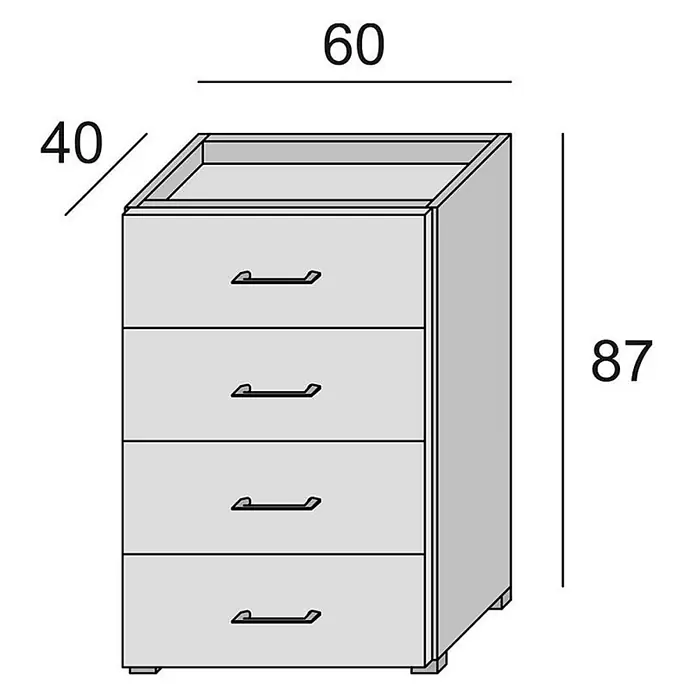 Kiamami Valentina Kommode - L x B x H: 600 x 410 x 870 cm, Weiß - Hellgraue Kommode mit 4 Schubladen und dunklen Griffen, Maße: 60x40x87 cm (BxTxH).