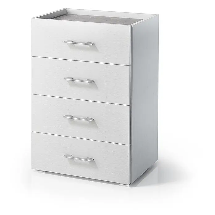 Kiamami Valentina Kommode - L x B x H: 600 x 410 x 870 cm, Zementfarbe - Weißer Kommode mit vier Schubladen, silbernen Griffen und dezenter Holzmaserung.