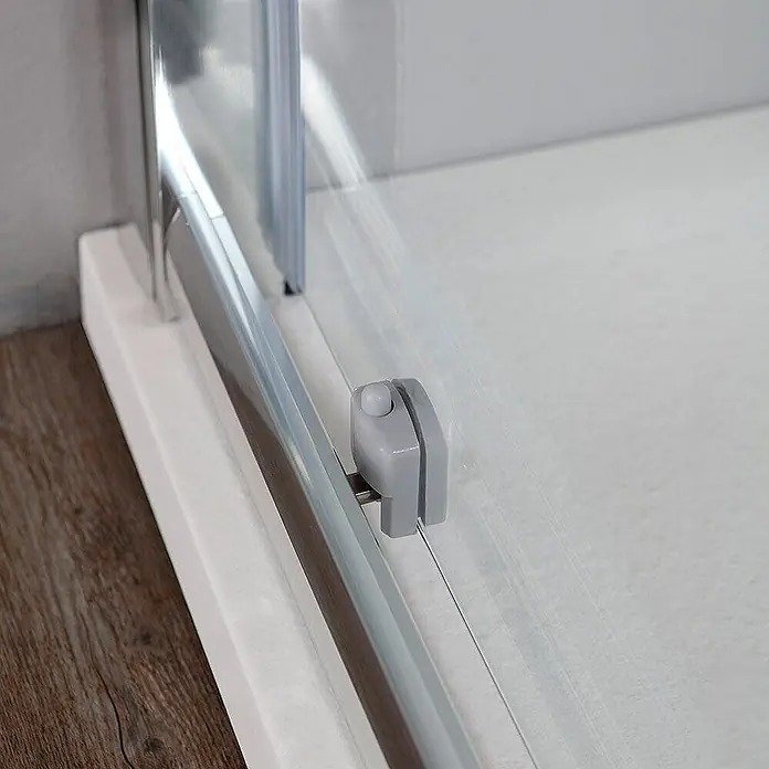 Kiamami Valentina Eckdusche - 140 x 80 x 185 cm, Transparent, Stärke: 6 mm - Bodenschiene und grauer Stopper für Klarglas-Duschkabinentür.