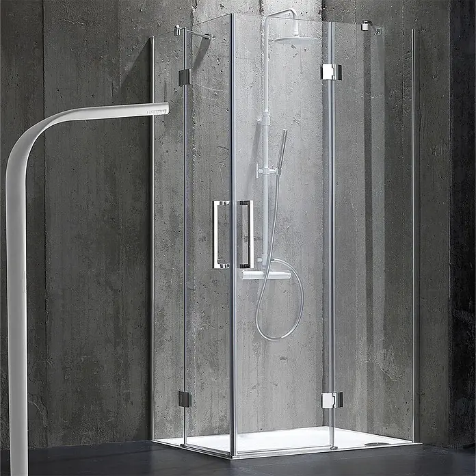 Kiamami Valentina Eckdusche - 900 x 700 x 1.900 cm, Transparent, Stärke: 6 mm - Klarglas-Eckduschkabine mit weißer Wanne und Duschsystem.