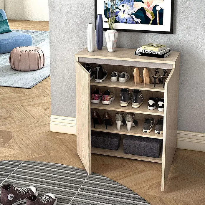 Kiamami Valentina Kommode - L x B x H: 80 x 37 x 102 cm, Beige - Schuhschrank aus hellem Holz, der verschiedene Schuhe und zwei Aufbewahrungsboxen in einem Flur aufbewahrt.
