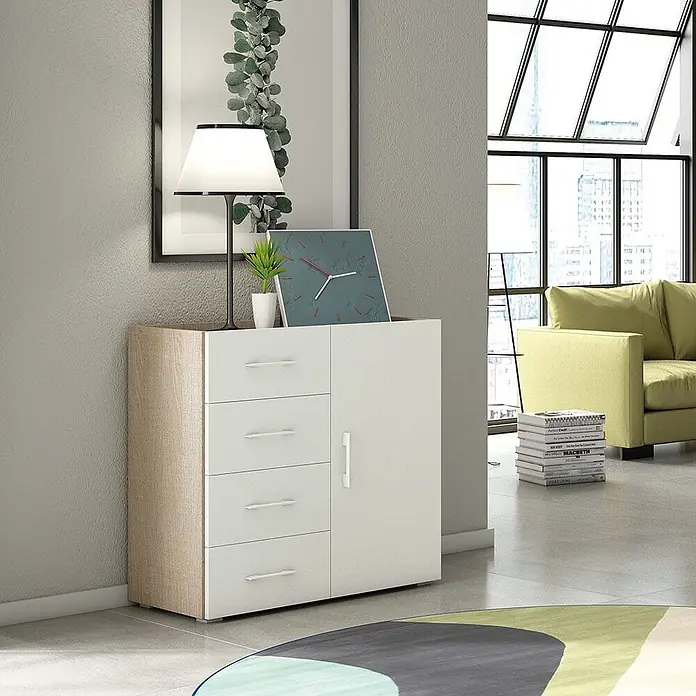 Kiamami Valentina Kommode - L x B x H: 900 x 410 x 870 cm, Weiß - Zweifarbiger Holzschrank mit heller Holzoptik und weißer Front, bestehend aus vier Schubladen und einer eintürigen Kommode.