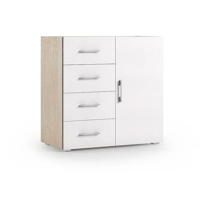 Kiamami Valentina Kommode - L x B x H: 900 x 410 x 870 cm, Weiß - Kleiner Schrank mit heller Holzoptik-Seitenwand, vier weißen Schubladen und einer weißen Tür mit silbernen Griffen.