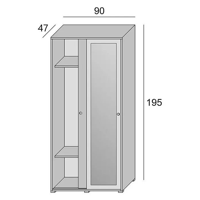 Kiamami Valentina Holz-Mehrzweckschrank - 900 x 470 x 1.950 cm, Weiß - Hellgrauer Kleiderschrank mit zwei Türen, eine verspiegelt, mit internen Regalböden und Kleiderstange. Maße: 90x47x195 cm.
