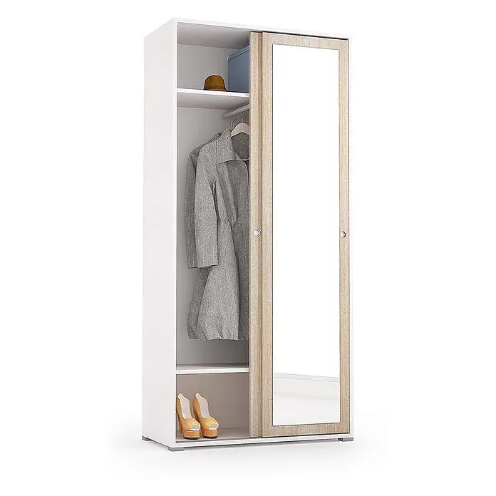 Kiamami Valentina Holz-Mehrzweckschrank - 900 x 470 x 1.950 cm - Weißer Kleiderschrank mit hellem Holzrahmen und Spiegelschiebetür. Innen mit Regalböden und Kleiderstange für Kleidung und Schuhe.
