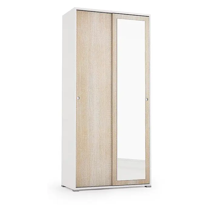 Kiamami Valentina Holz-Mehrzweckschrank - 900 x 470 x 1.950 cm - Weißer Kleiderschrank mit zwei Schiebetüren, einer hellen Holzmaserung und einer verspiegelten, mit runden Griffen.