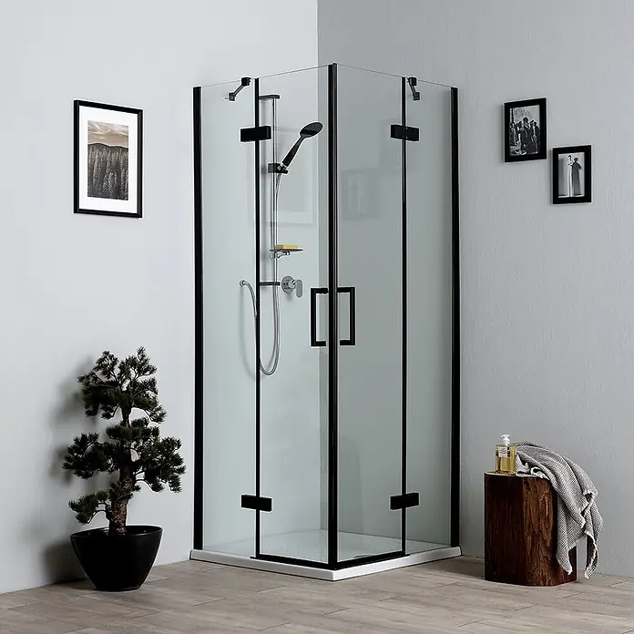 Kiamami Valentina Eckdusche - 900 x 900 x 1.900 cm, Schwarz, Farblos, Stärke: 6 mm - Eckduschkabine mit schwarzen Rahmen und Klarglas.