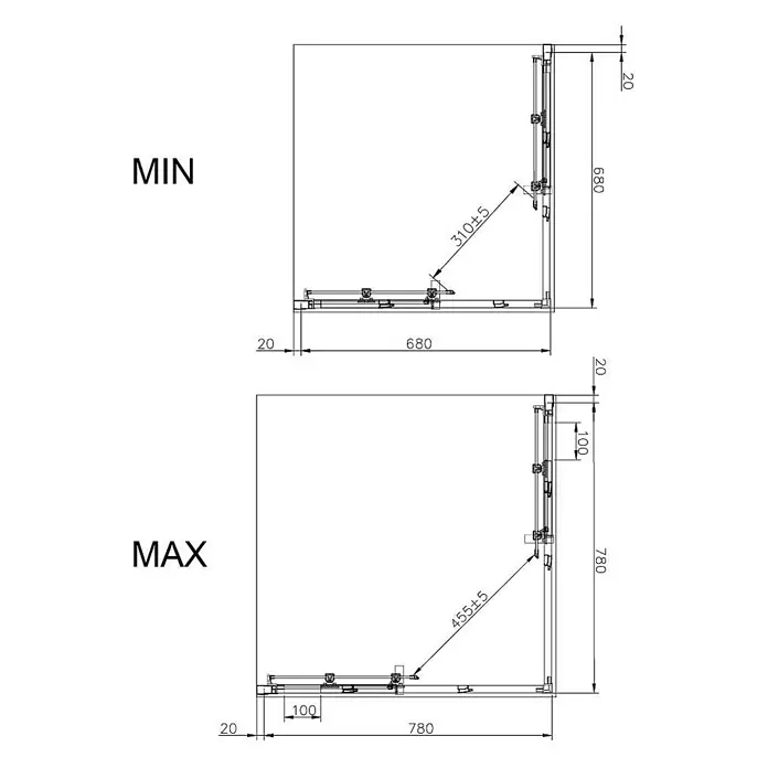 Kiamami Valentina Eckdusche - 0,02 x 0,02 x 1.900 cm, Transparent, Stärke: 6 mm - Technische Zeichnung eines Eckauszugsbeschlags mit minimalen und maximalen Auszugsmaßen.