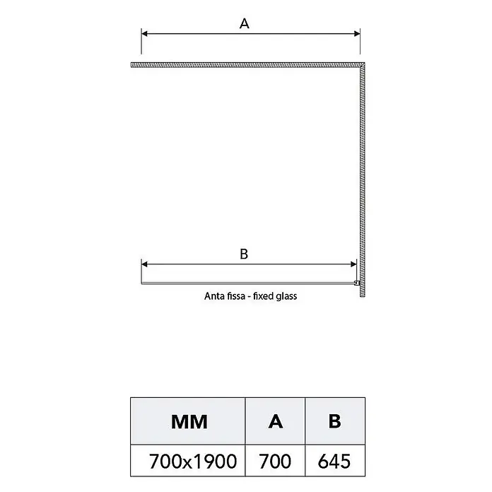 Kiamami Valentina Eckdusche - 1.300 x 700 x 1.900 cm, Transparent, Stärke: 6 mm - Duschabtrennungsschema mit Maßen A (Gesamtbreite) und B (Festglaselementbreite) und einer Wertetabelle.