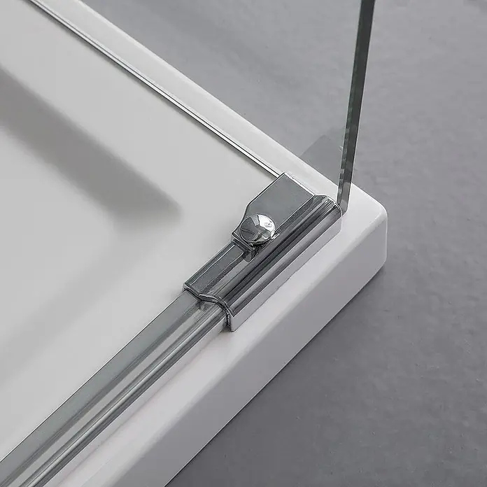 Kiamami Valentina Eckdusche - 1.300 x 700 x 1.900 cm, Transparent, Stärke: 6 mm - Verchromtes Duschwand-Scharnier und Bodenschiene auf weißer Wanne mit Glasplatte.
