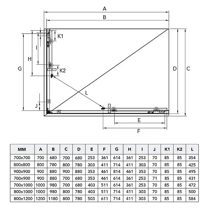 Kiamami Valentina Eckdusche - 900 x 900 x 1.900 cm, Schwarz, Weiß, Stärke: 6 mm - Technische Zeichnung einer Eckduschkabine mit detaillierten Maßen (A-L) und einer Tabelle für verschiedene Größen.