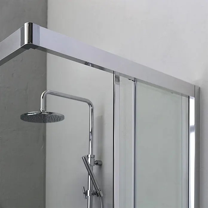 Kiamami Valentina Eckdusche - 70 x 120 x 195 cm, Transparent, Stärke: 6 mm - Verchromte Duschkabine mit durchscheinenden Glasscheiben und sichtbarem Duschkopf innen.