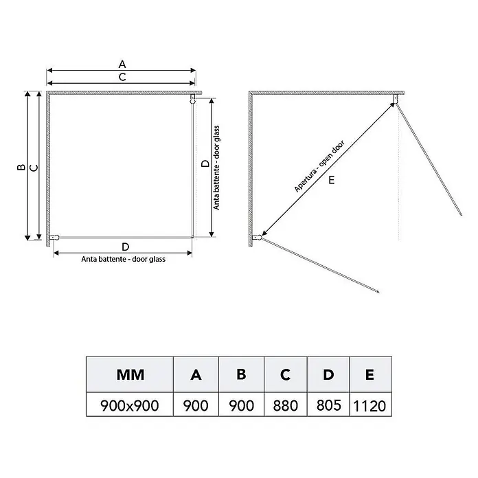 Kiamami Valentina Eckdusche - 900 x 900 x 1.900 cm, Transparent, Stärke: 6 mm - Technische Zeichnung einer Duschkabine mit Maßen für geschlossene Position (A, B, C, D) und Türöffnung (E).