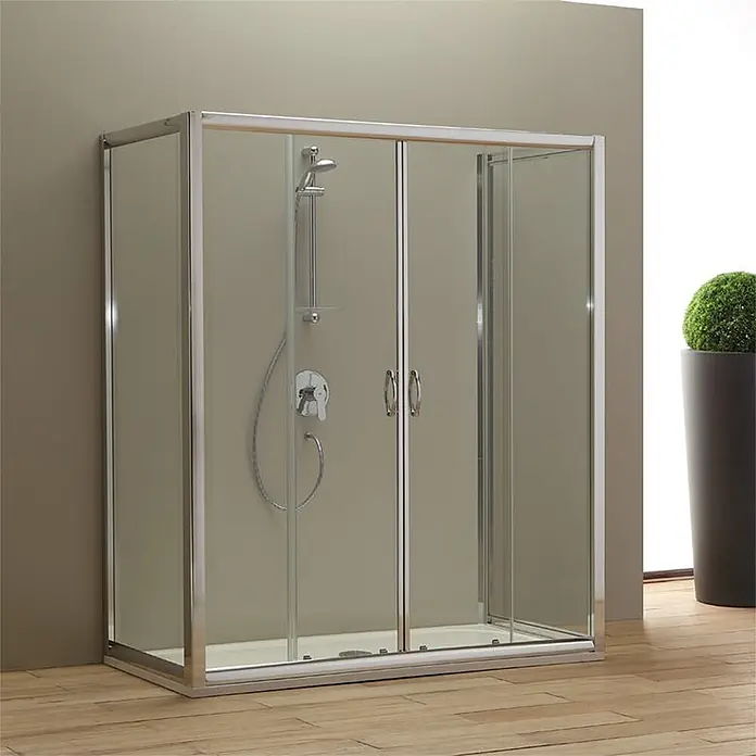 Kiamami Valentina Eckdusche - 1.700 x 800 x 1.850 cm, Transparent, Stärke: 6 mm - Rechteckige Duschkabine mit Chromrahmen, Klarglasscheiben und weißer Duschwanne. Inklusive Duschkopf und Mischer.