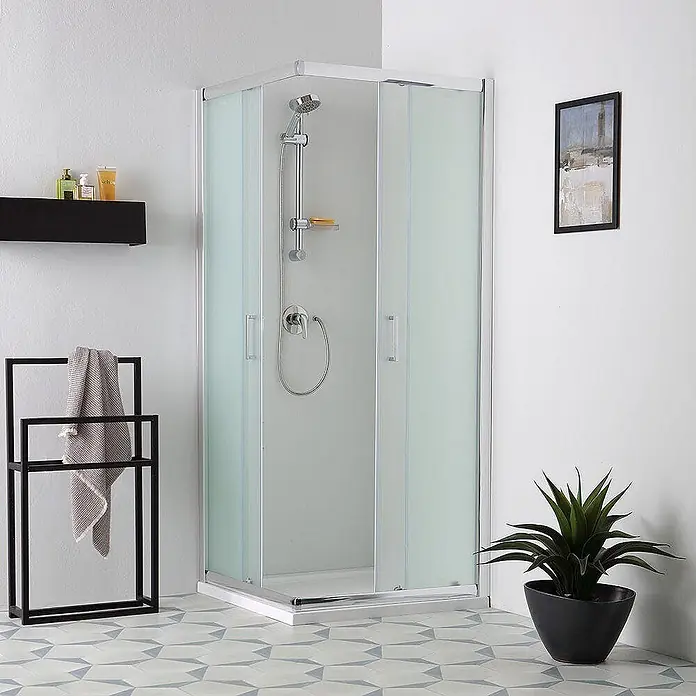 Kiamami Valentina Eckdusche - 90 x 90 x 185 cm, Satiniert, Stärke: 6 mm - Eckduschkabine mit mattierten Glasscheiben und weißem Rahmen, mit Schiebetüren.
