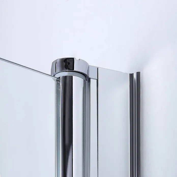 Kiamami Valentina Eckdusche - 90 x 70 x 185 cm, Transparent, Stärke: 6 mm - Glänzender Chrom-Drehmechanismus verbindet eine klare Glas-Duschkabinentür sicher mit einem Metallrahmen.