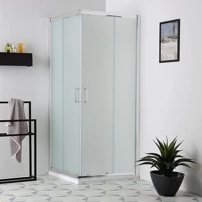 Kiamami Valentina Eckdusche - 90 x 90 x 185 cm, Satiniert, Stärke: 6 mm - Eckduschkabine mit Milchglasscheiben und weißem Rahmen.