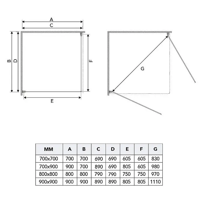 Kiamami Valentina Eckdusche - 900 x 900 x 1.850 cm, Transparent, Stärke: 6 mm - Technische Zeichnungen mit Maßen für eine Duschkabine, ergänzt durch eine Tabelle mit spezifischen Abmessungen.